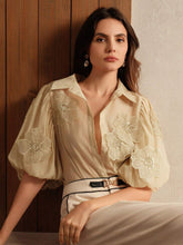 Anewsta Women's Elegant Puff Sleeve Decorative Flower Mallard Color Blouse